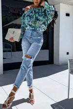 Colorful Botanical Print Sexy Off-shoulder Ruffle Top