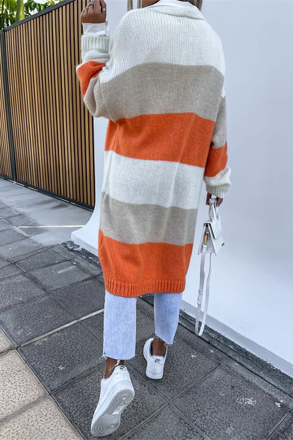 Contrast Long Sleeve Multicolor Striped Cardigans