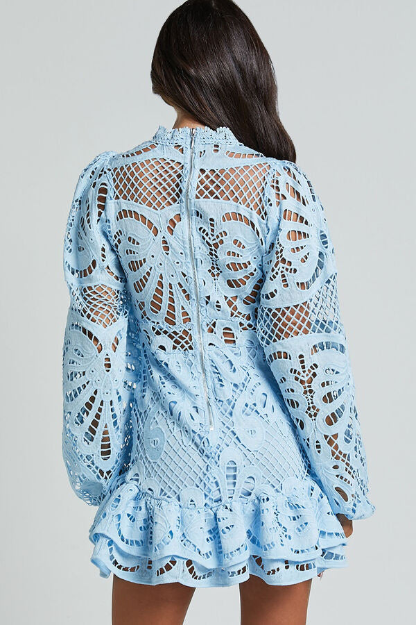 Solid Color Hollow Long-sleeved Waisted Lace Mini Dress