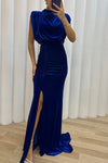 Milan Muse Velvet Padded Shoulder Ruched Belt Slit Maxi Dress