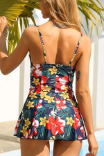 Leaf Printed Hard-clad Steel Support Skirt Split Swimsuit