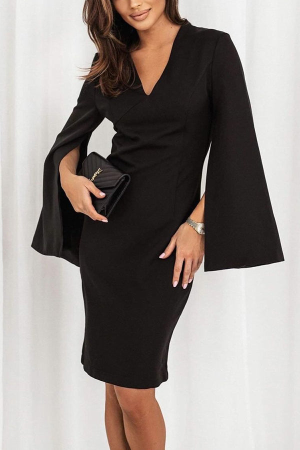 Solid Color V-neck Slit Long-sleeved Slim Mini Dress