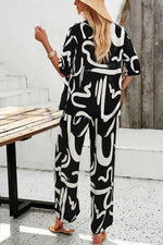 Irregular Printed Button Pocket Long Sleeved Shirt and Elastic Waist Pants Set