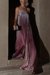 Gorgeous Styling Satin Pleated Elastic Bust Strapless A-line Gown Maxi Dress