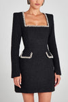 Women's Trendy Sophisticated Glamorous Tweed Fabric Pearl Trim Long Slit Sleeve Pocketed Mini Dress